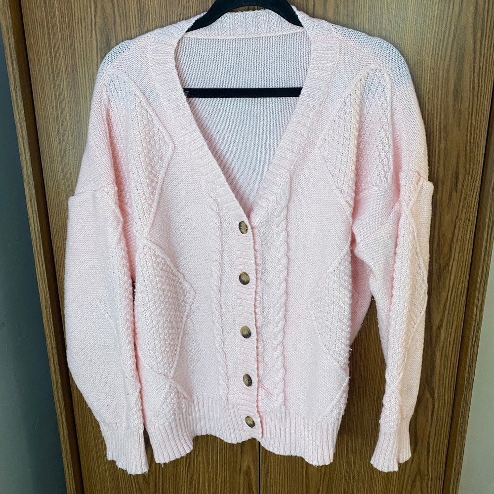 Cable‎ Knit Cardigan Women Large Pink V-Neck Button Front Chunky Sweater